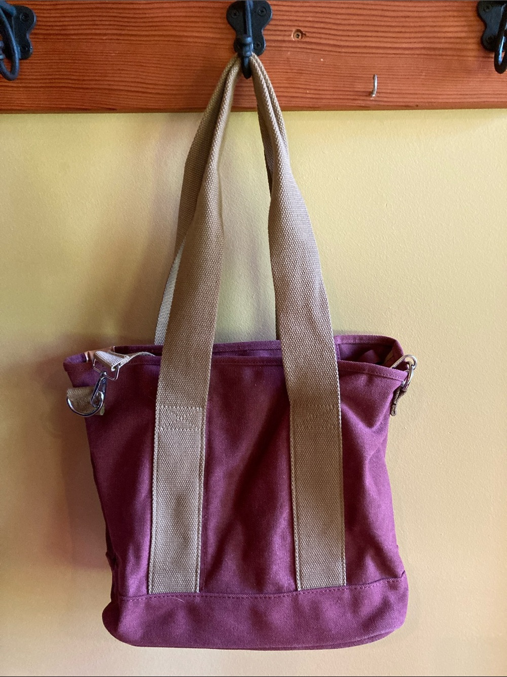 Canvas Tote Bag in Deep Berry with Tan Straps